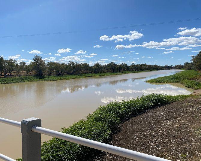 View of a calm river bordered by green vegetation and trees under a bright blue sky with scattered clouds, seen from behind a white railing.