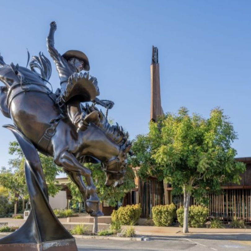 Bronze statue of a rodeo rider at the Waltzing Matilda Centre.